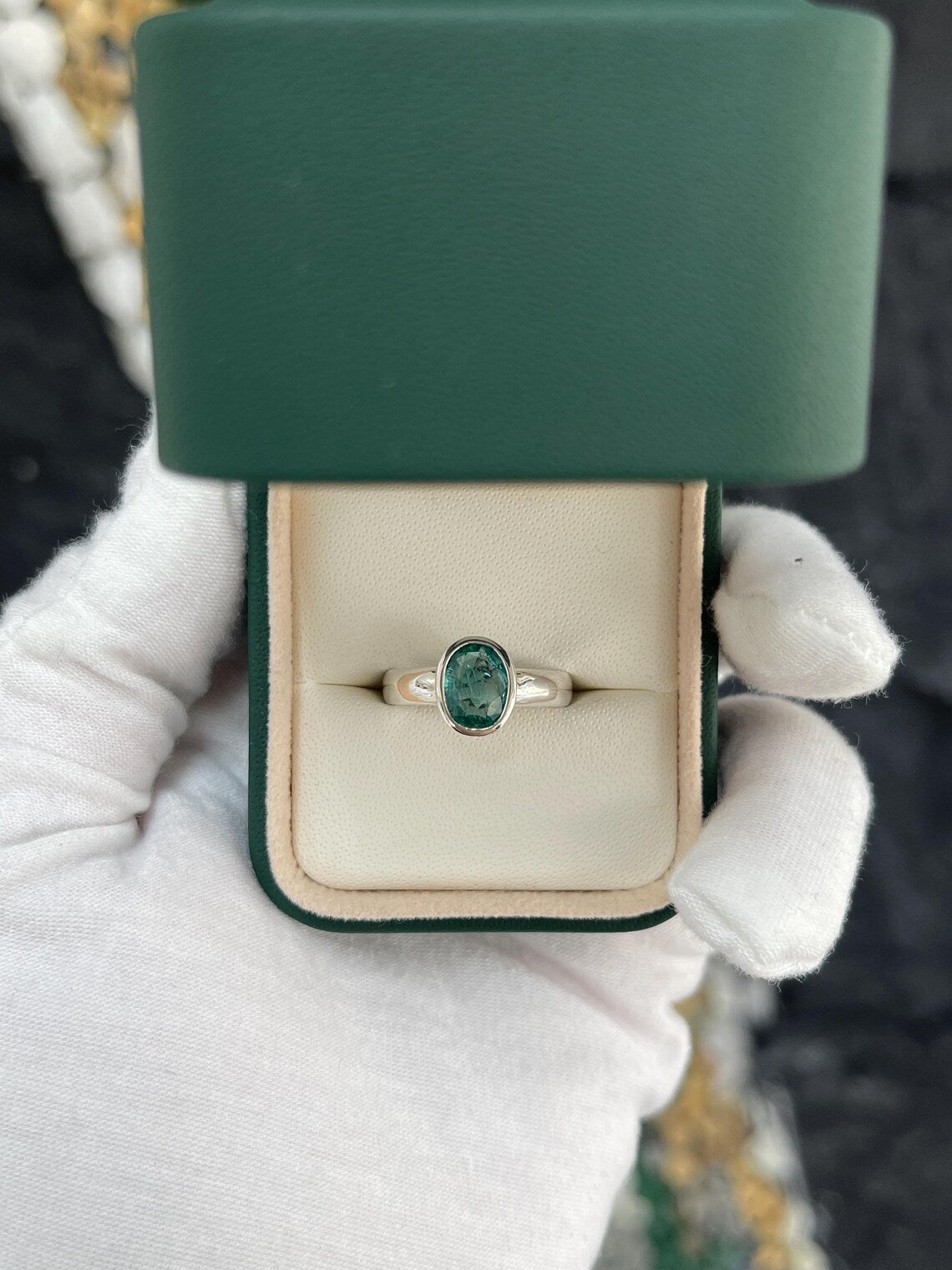 1.30ct Natural Oval Emerald Bezel Set Solitaire Bluish Green Oval Ring