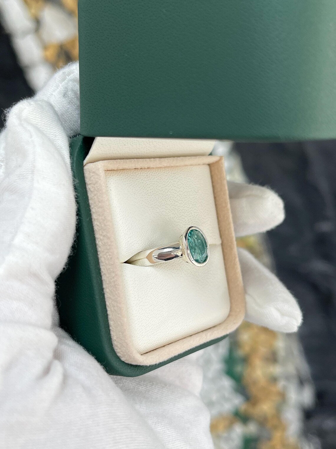 1.30ct Natural Oval Emerald Bezel Set Solitaire Bluish Green Oval Ring