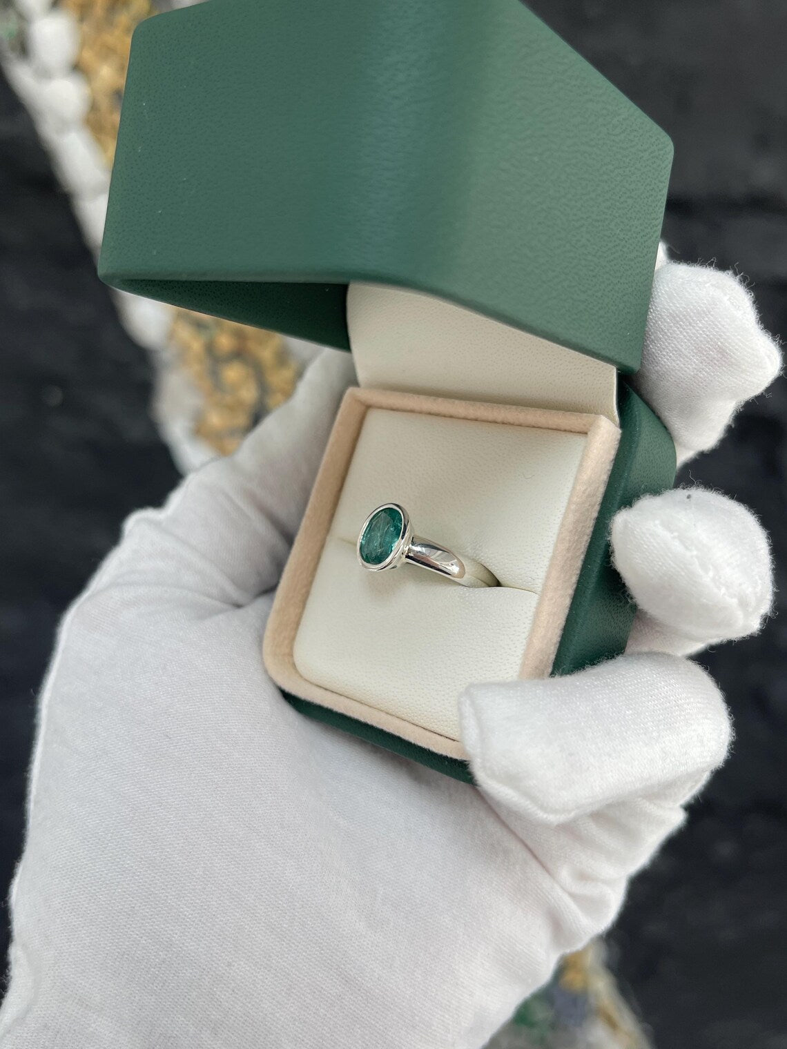 1.30ct Natural Oval Emerald Bezel Set Solitaire Bluish Green Oval Ring