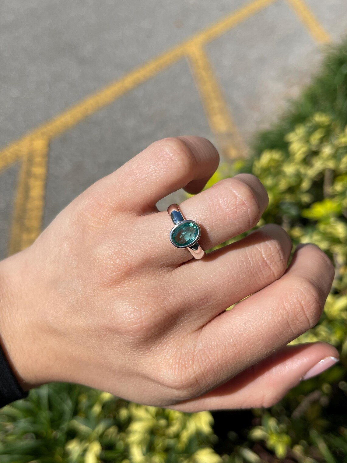 1.30ct Natural Oval Emerald Bezel Set Solitaire Bluish Green Oval Ring