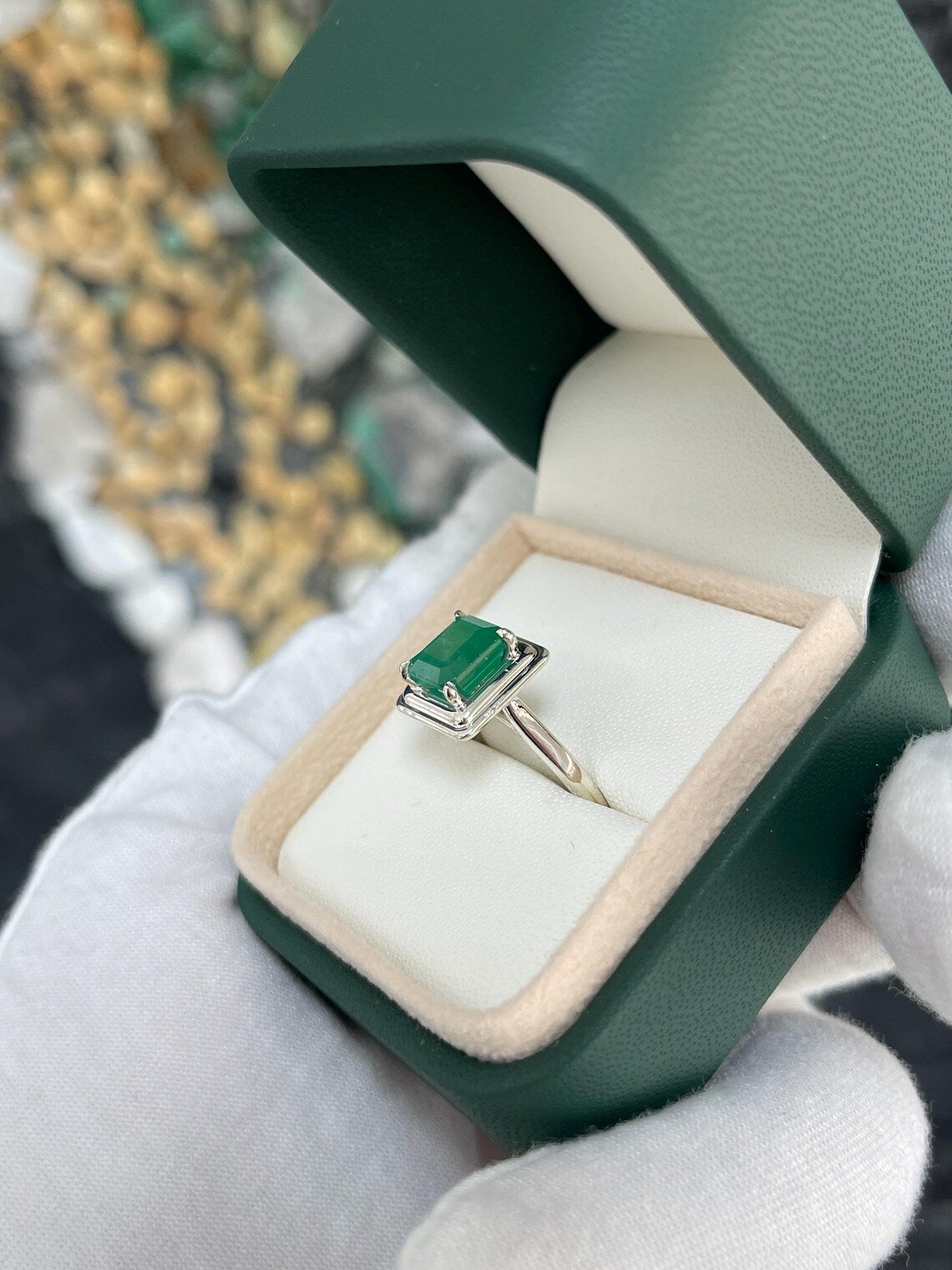 2.40ct Natural Asscher Cut Emerald Solitaire Ring in Sterling Silver