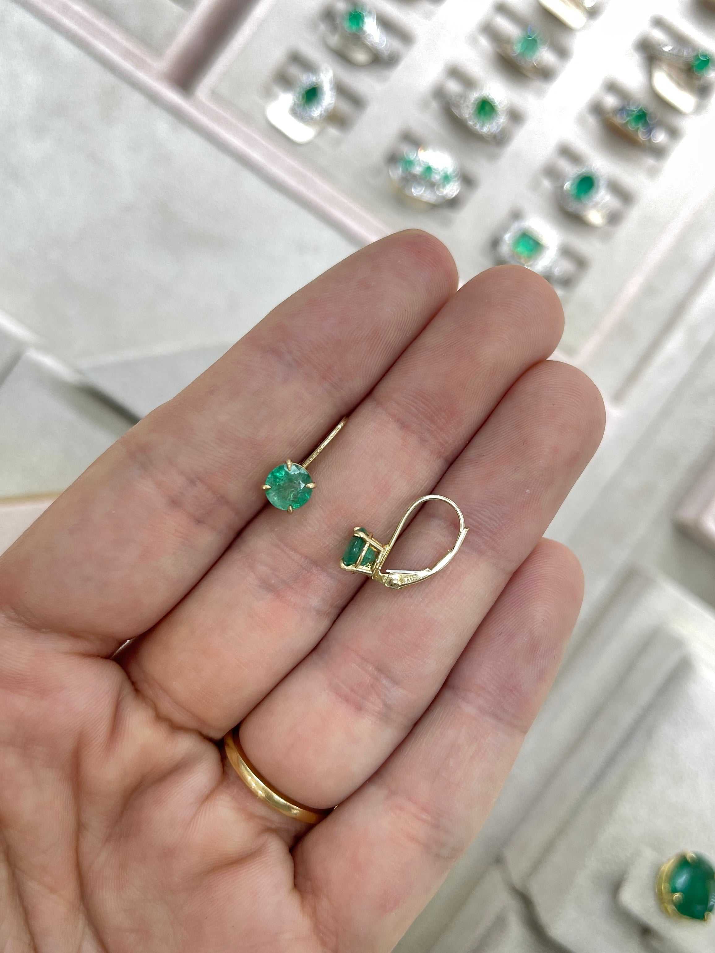 14K yellow gold round emerald lever back earrings with 1.50tcw of vibrant green emeralds by JR Colombian Emeralds