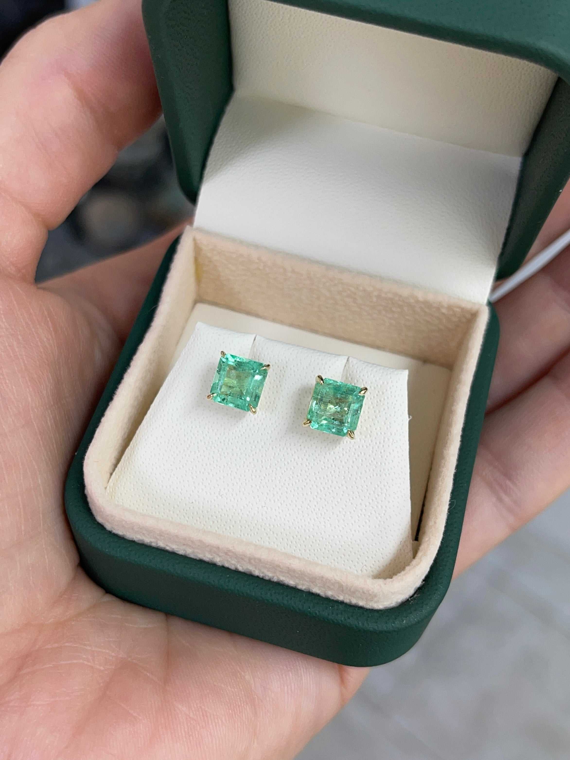 2.53tcw 6.5mm x 6.5mm 14K Colombian Emerald Asscher Cut Solitaire Stud Earring - JR Colombian Emeralds