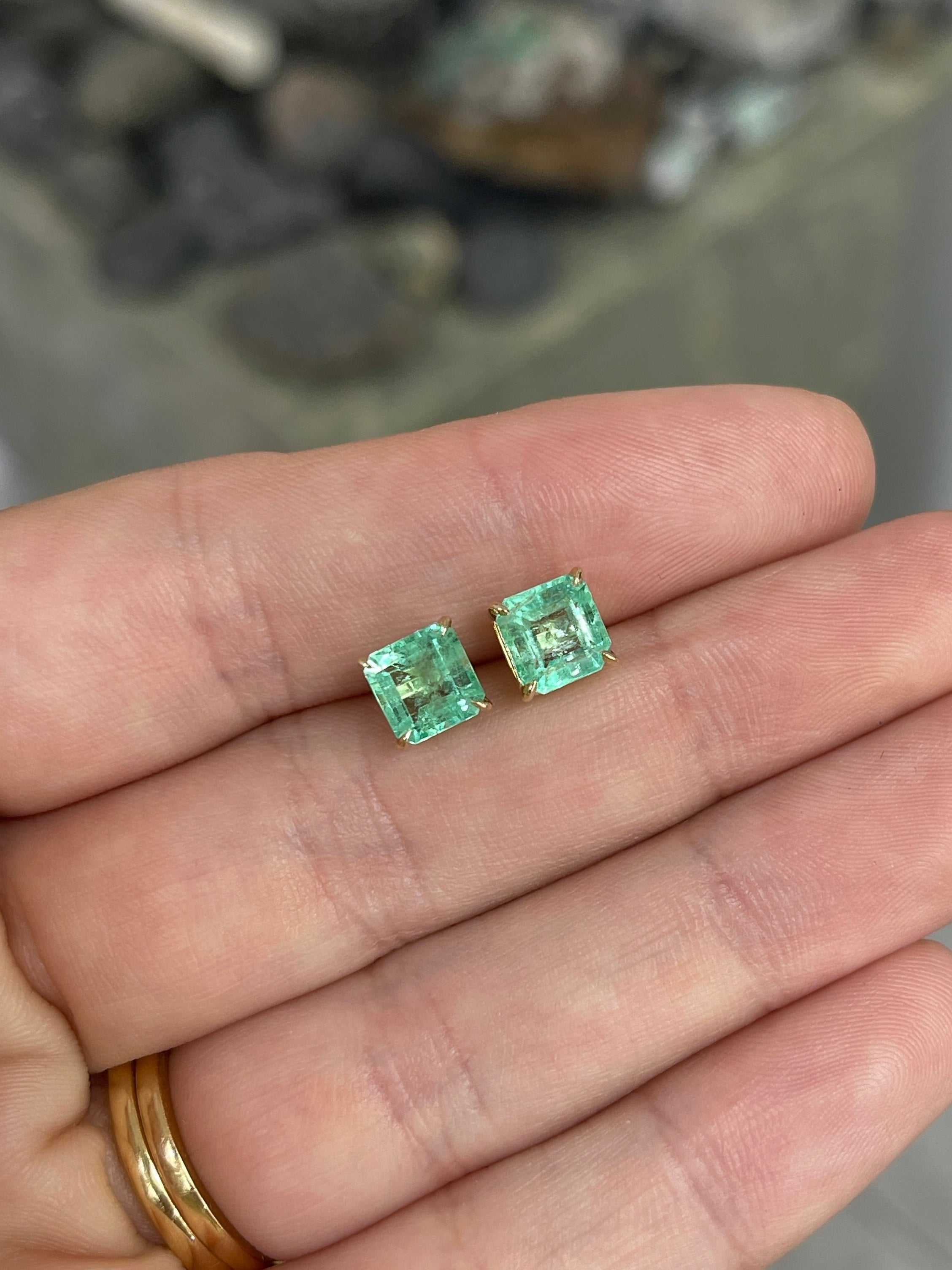 2.53tcw 6.5mm x 6.5mm 14K Colombian Emerald Asscher Cut Solitaire Stud Earring - JR Colombian Emeralds