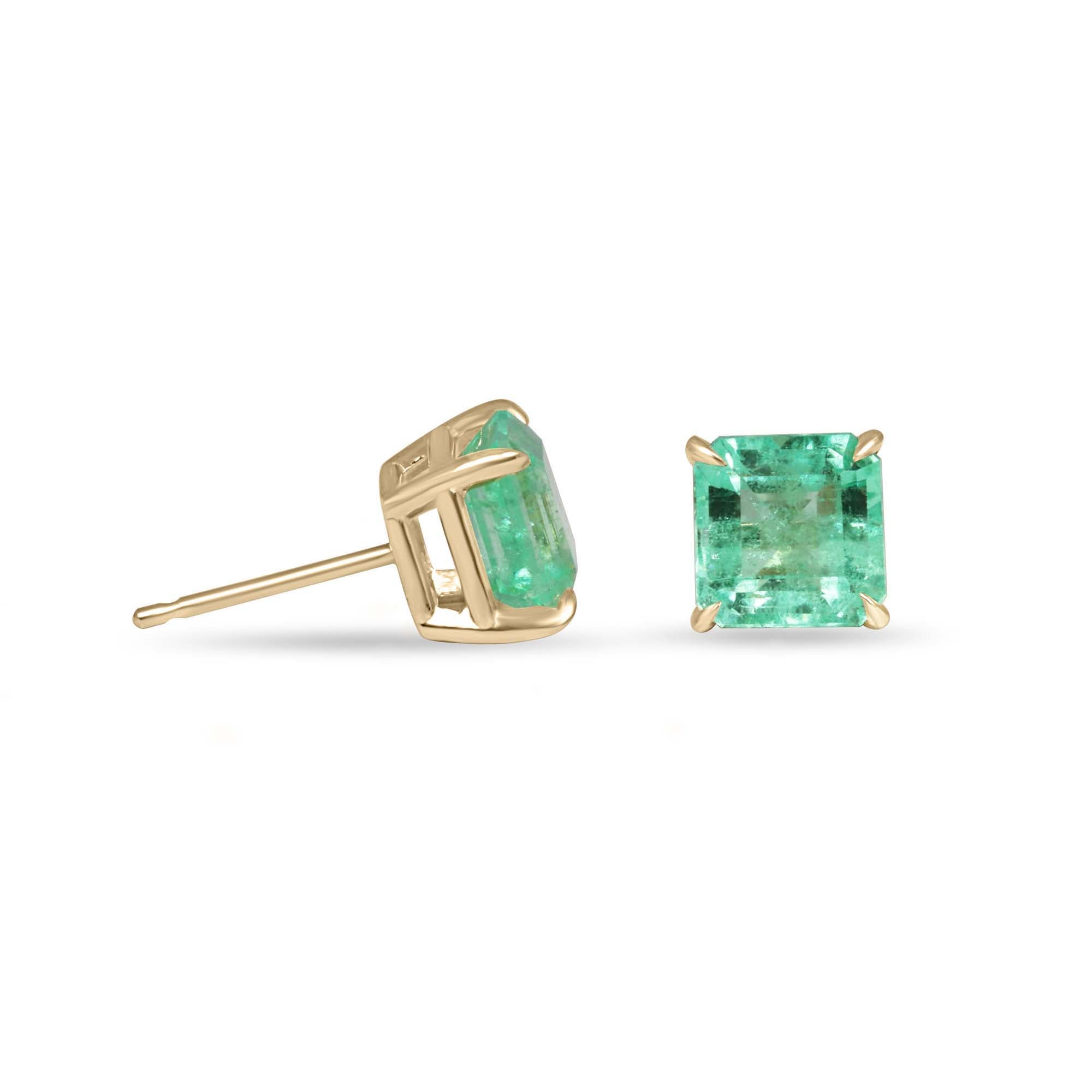 2.53tcw 6.5mm x 6.5mm 14K Colombian Emerald Asscher Cut Solitaire Stud Earring - JR Colombian Emeralds