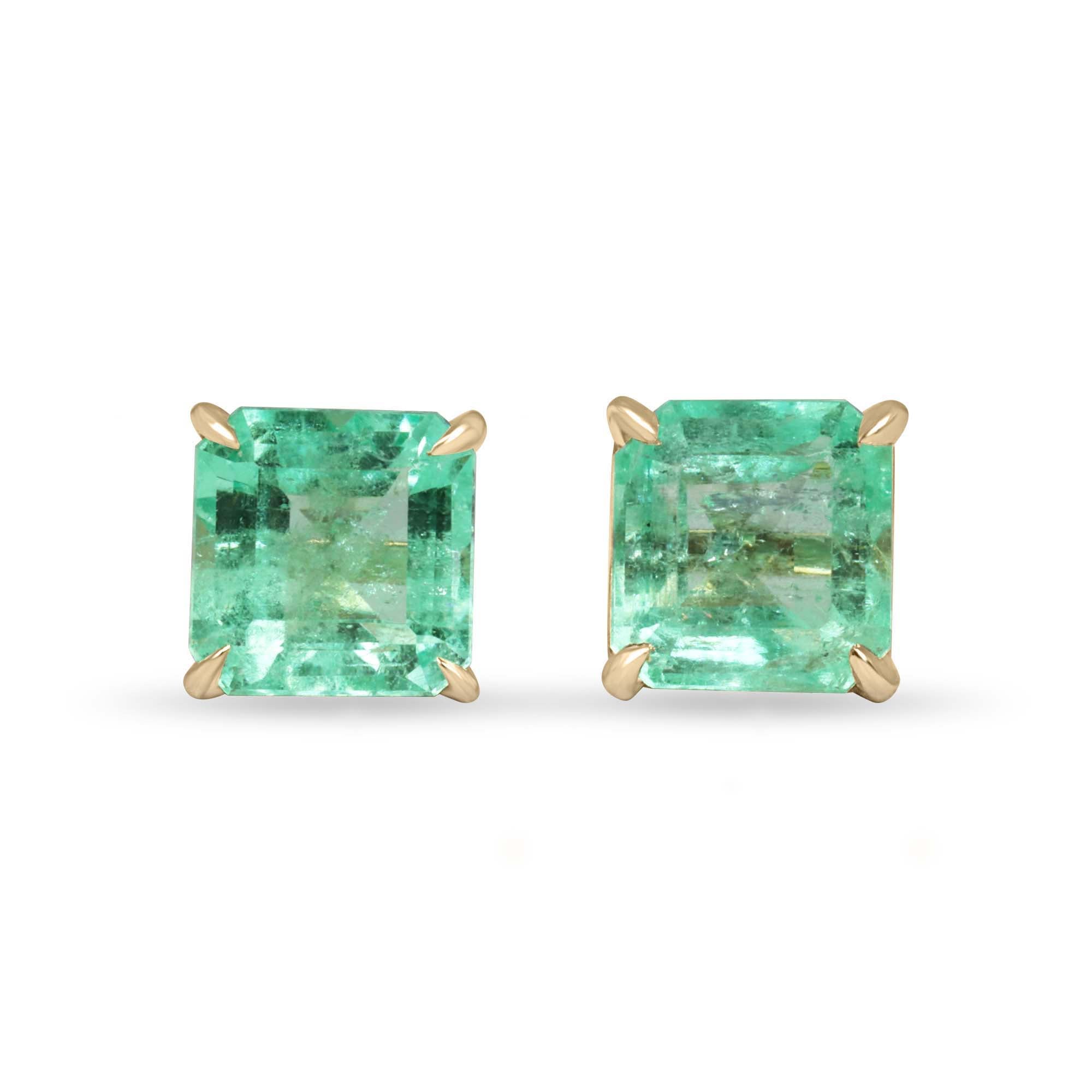 2.53tcw 6.5mm x 6.5mm 14K yellow gold Colombian emerald Asscher cut solitaire stud earrings