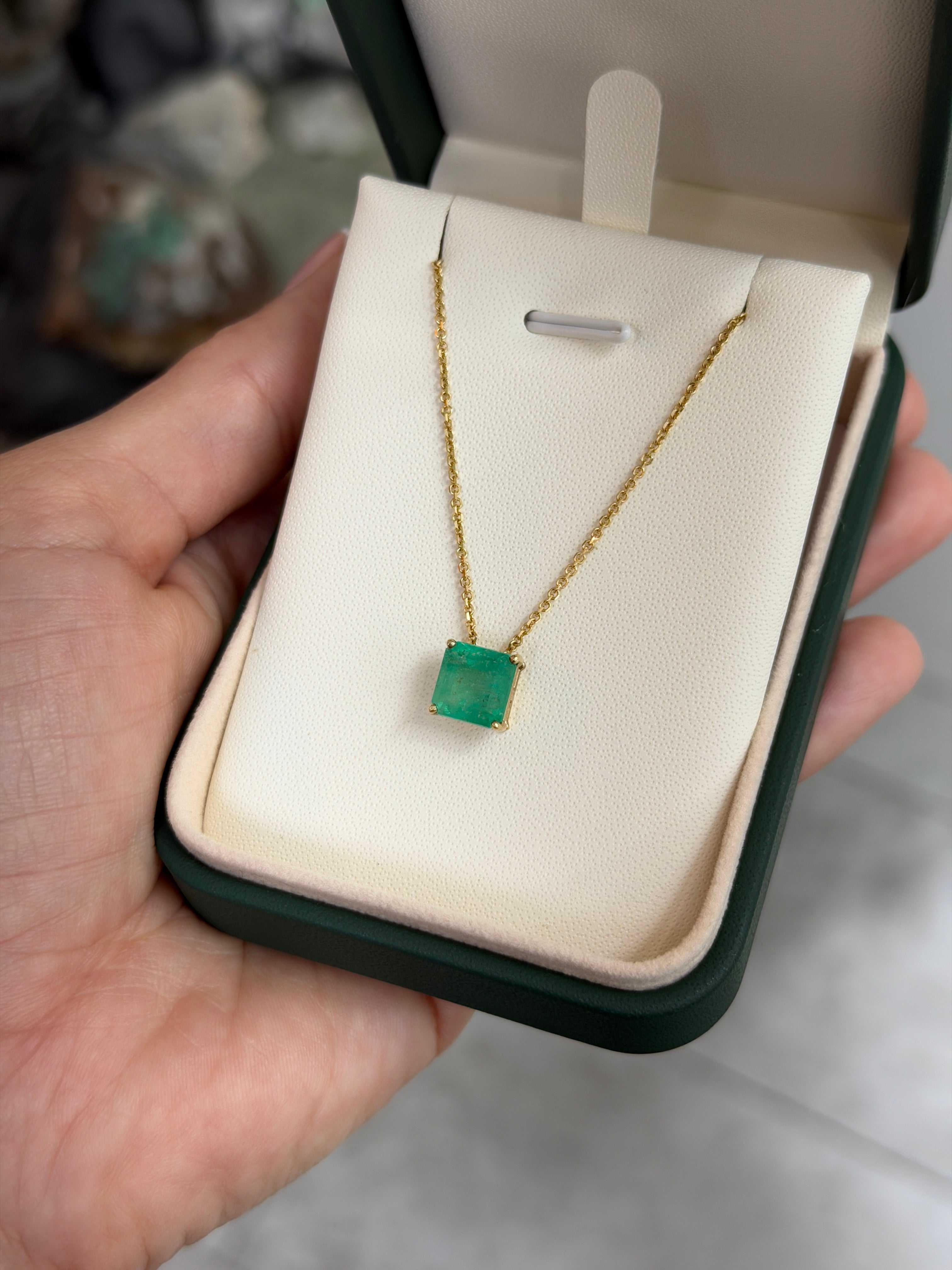 Asscher cut Colombian emerald sliding necklace with 3.0 carats set in 14K gold by JR Colombian Emeralds.