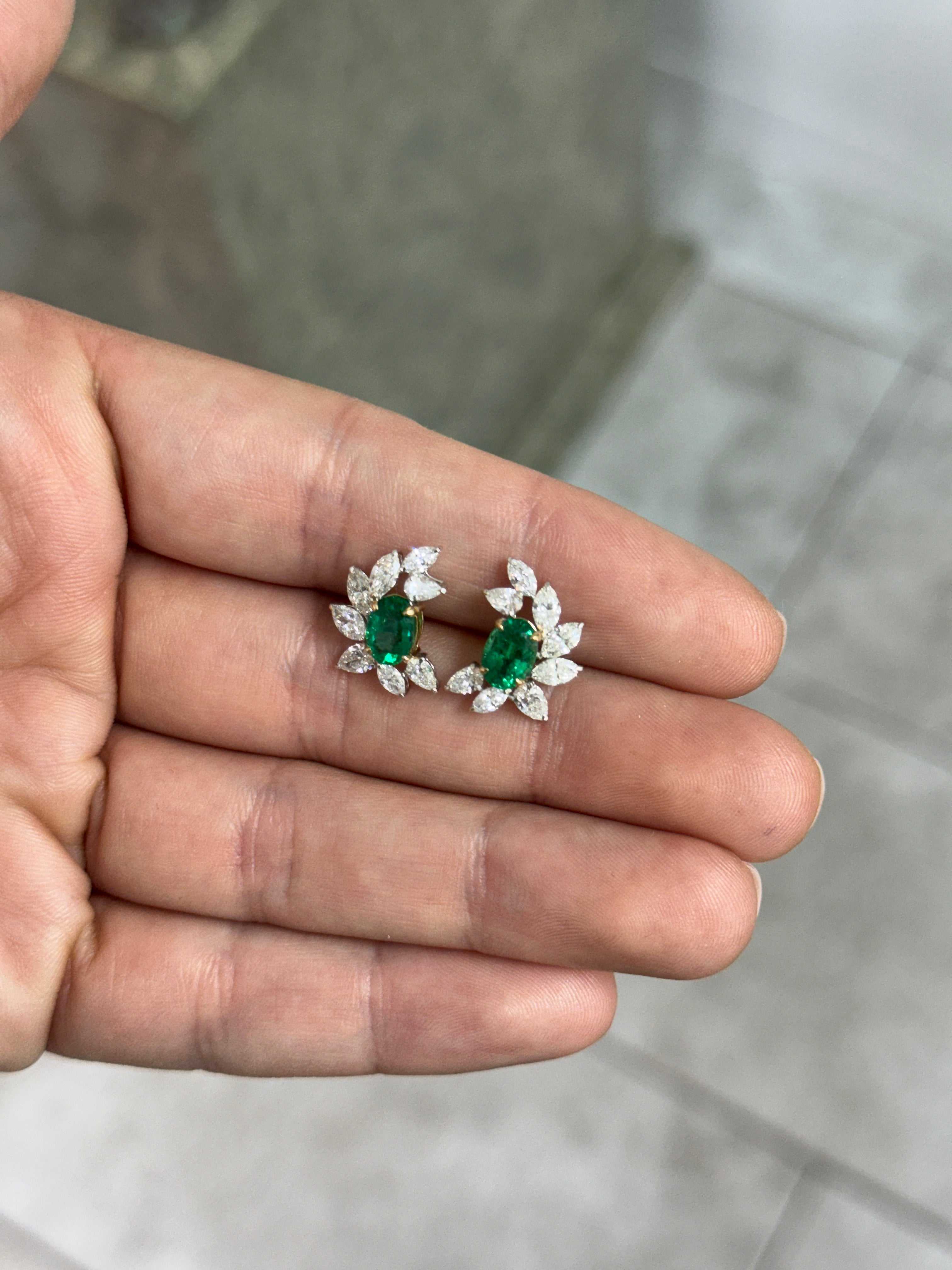 Oval emerald and diamond marquise and pear statement stud earrings in 18K gold by JR Colombian Emeralds