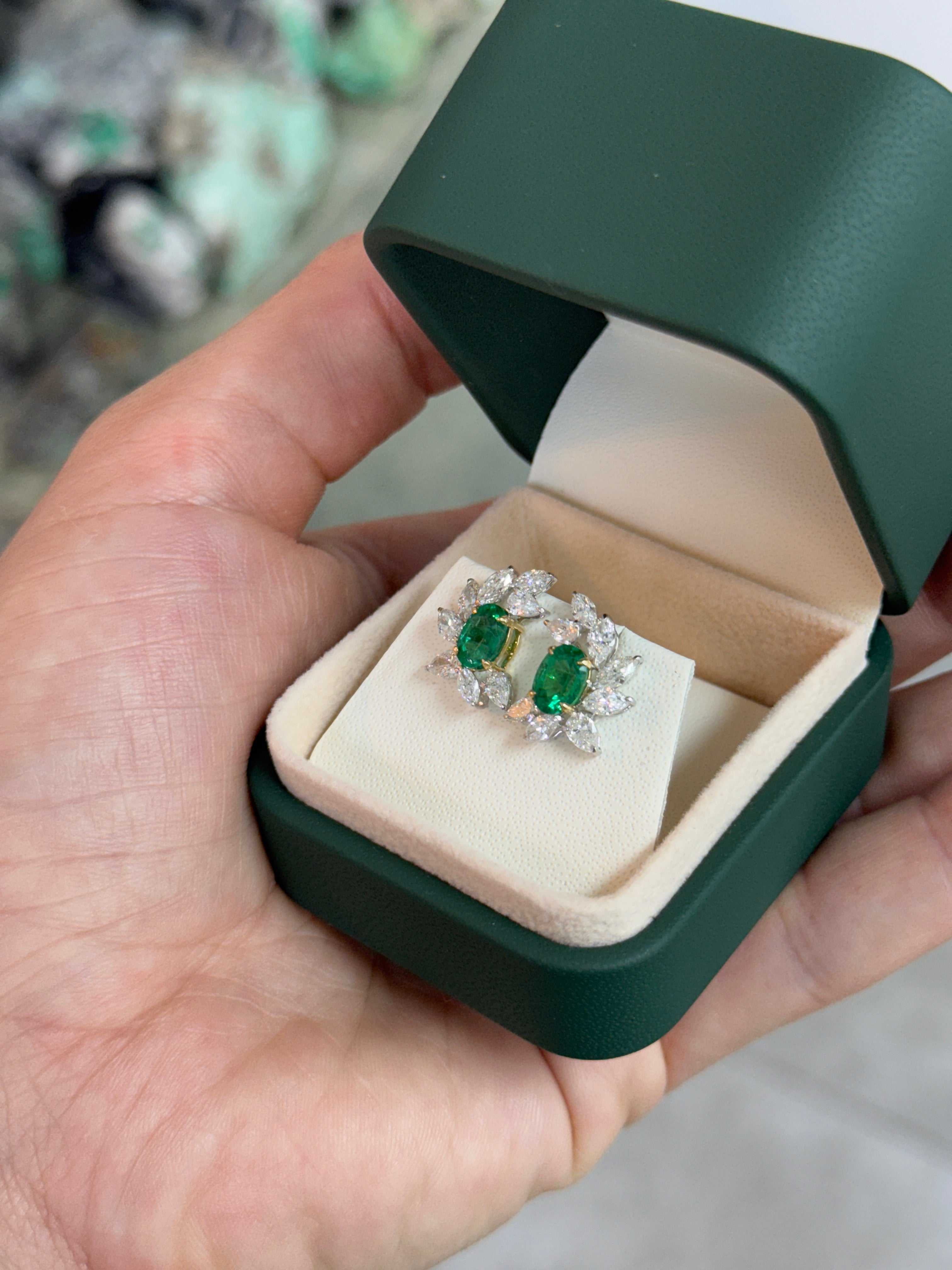 JR Colombian Emeralds 3.69tcw oval emerald and diamond marquise and pear statement stud earrings in 18K gold.