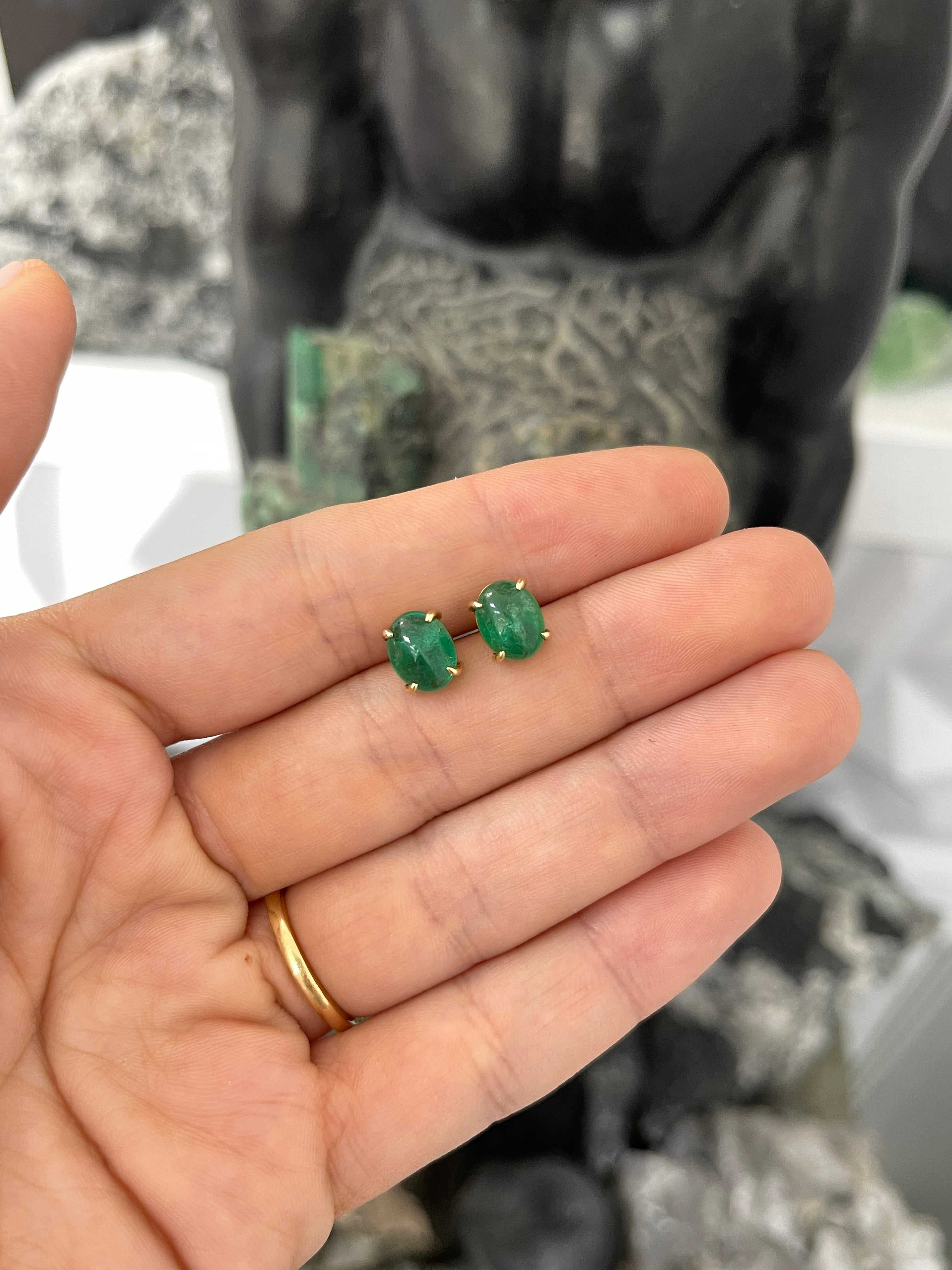3.69tcw Solitaire earth mined Emerald Cabochon Studs 14K Yellow Gold