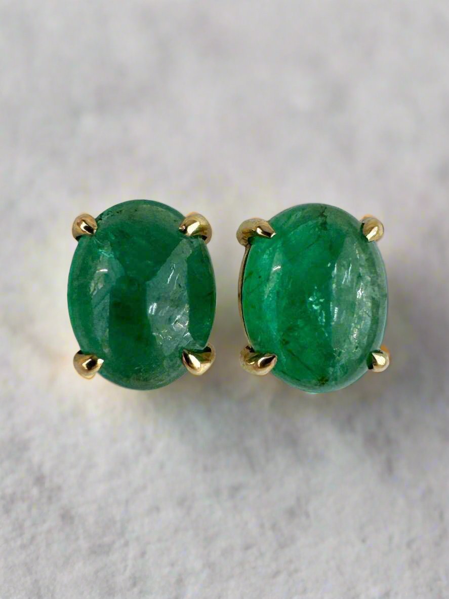 3.69tcw Solitaire Emerald Cabochon Studs 14K Yellow Gold