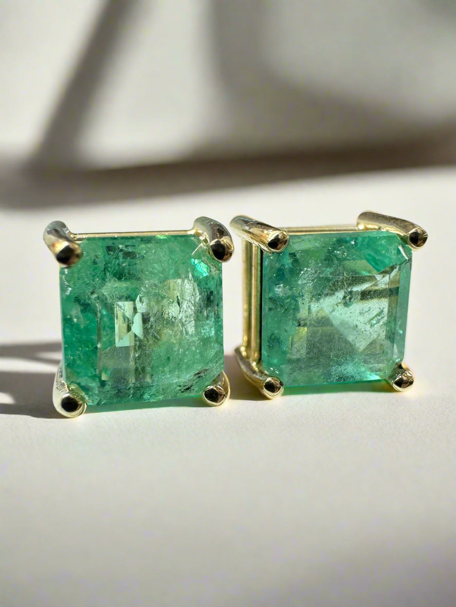 Asscher cut Colombian emerald stud earrings with 3.97tcw Earthy-Spring green stones set in 14K gold, by JR Colombian Emeralds.