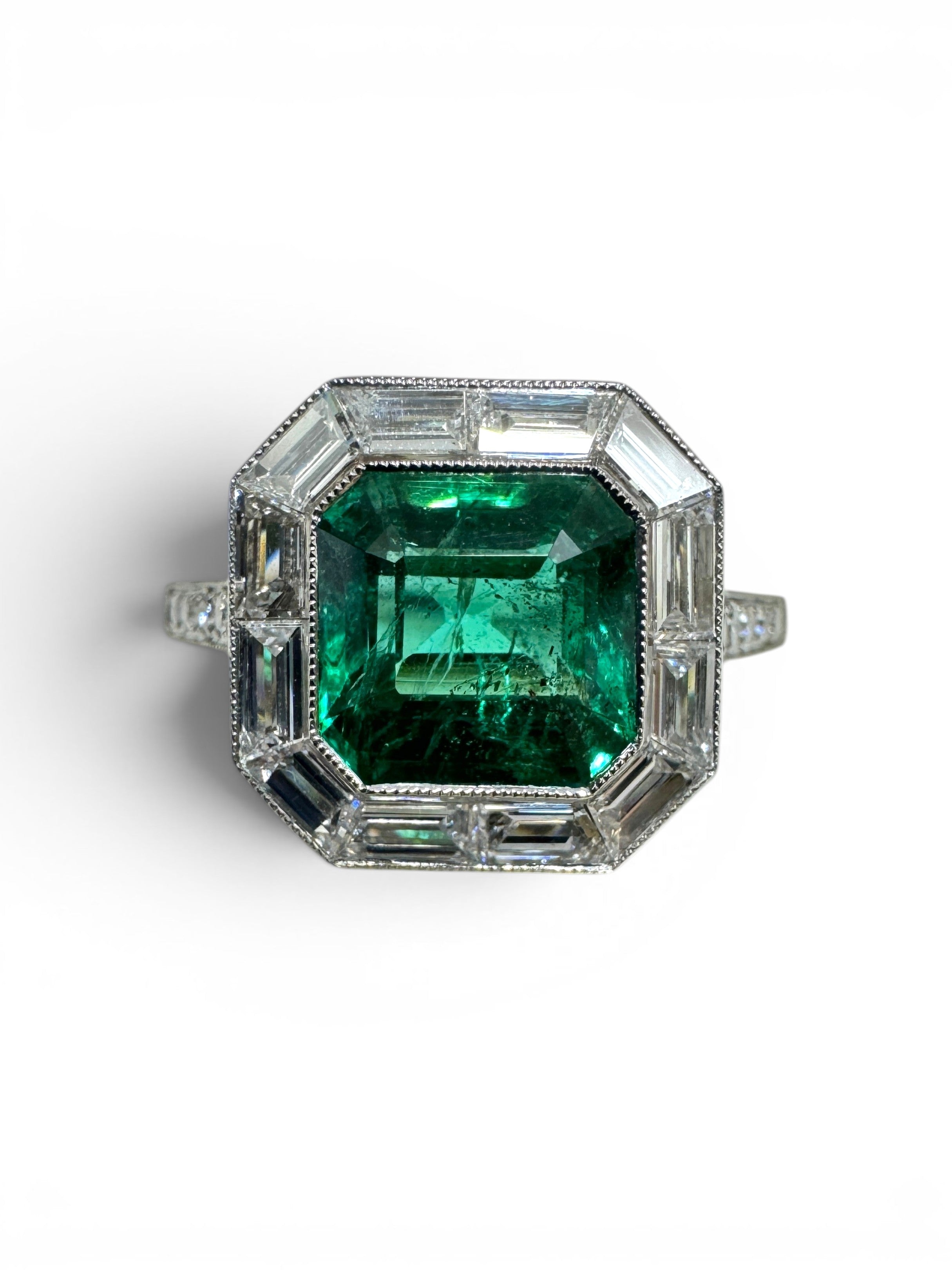 2.22tcw AAA+ Platinum Asscher Cut Emerald & Baguette Diamond Halo Art Deco Ring