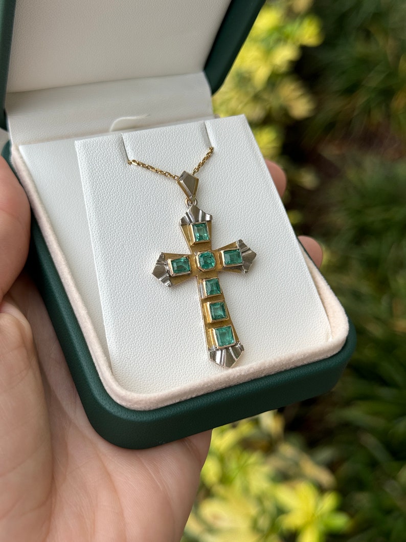 Unisex emerald cross pendant in 18K two-tone yellow and white gold with natural Colombian emeralds, 2.55tcw.