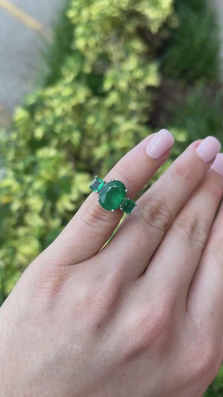 6.07tcw 14K Gold Natural Oval Cut Dark Green Emerald Trilogy 3 Stone Diamond Ring