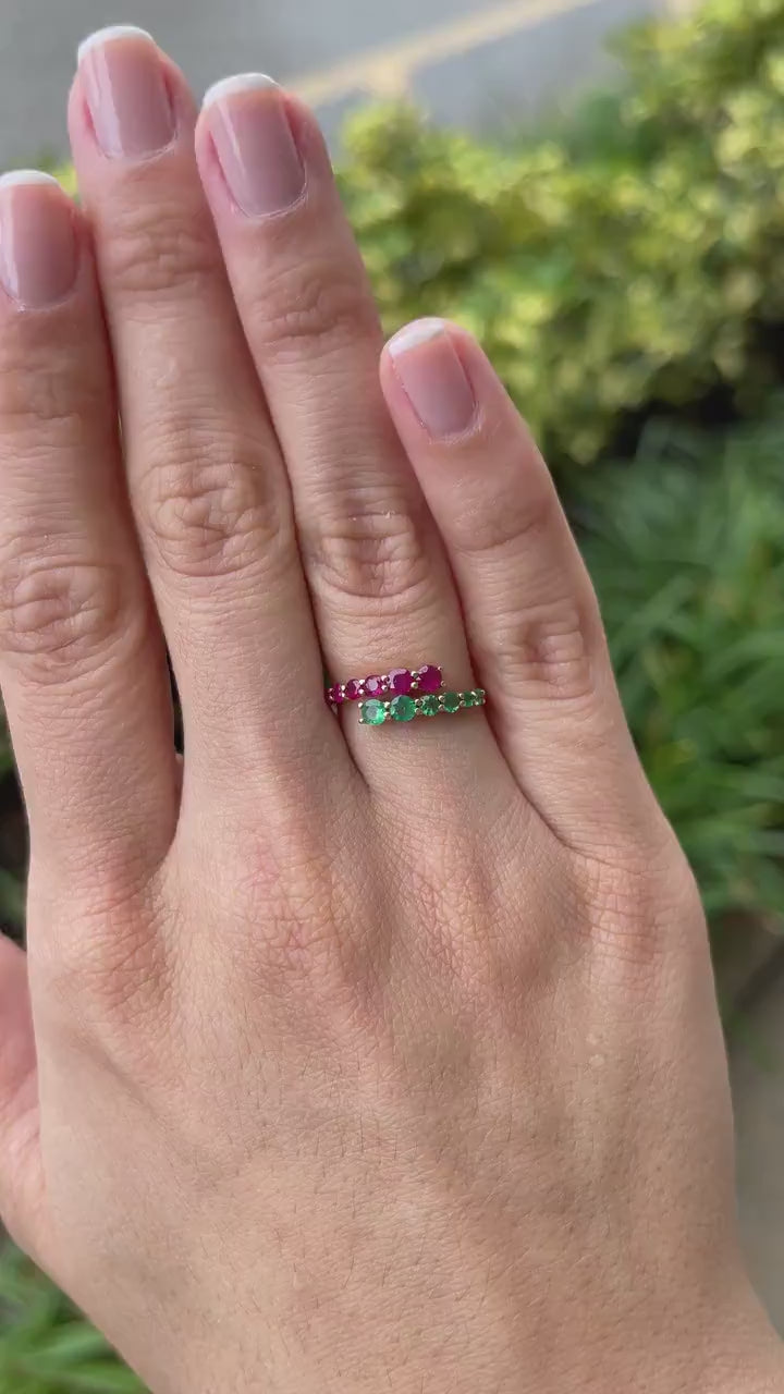 Petite Stacking Ring in 14K Gold with 0.95tcw Emerald and Ruby Bypass Design