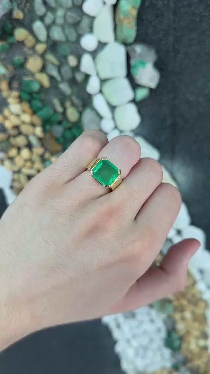 5.16ct 18K Men's 4 Prong Vivid Apple Muzo Green Emerald Solitaire Pinky 7.5mm Unisex Band Ring