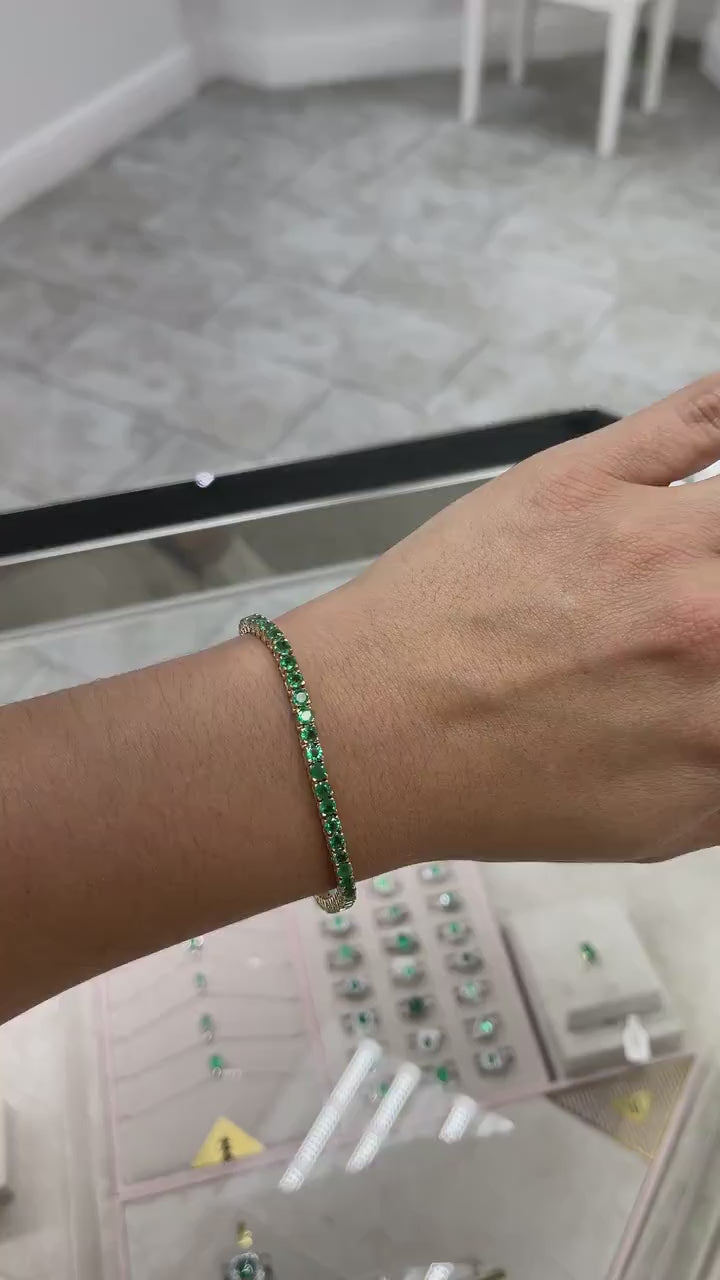 7tcw Medium Dark Green Round Cut Emerald Unisex Tennis Bracelet Solid Gold 14K