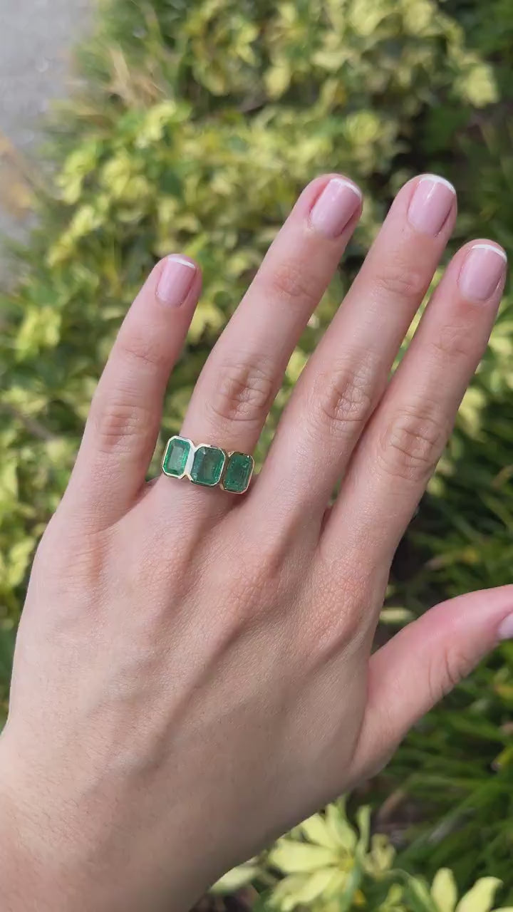 14K Yellow Gold Bezel Set Emerald Trilogy Ring with 4.40tcw and Antique Scroll Details