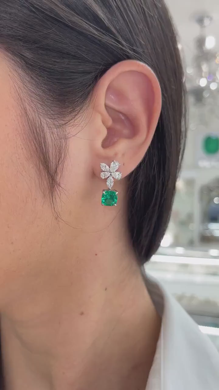 AAA+ Lab-Created 14K Gold Floral Dangle Earrings with 5.45tcw Cushion Emerald and Diamonds