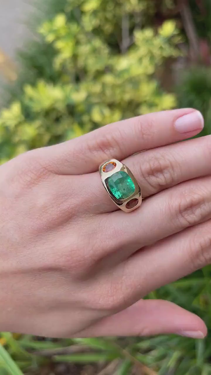7.05tcw 14K Three Stone Large Cushion Cut Emerald & Oval Orange Sapphire Gypsy Ring