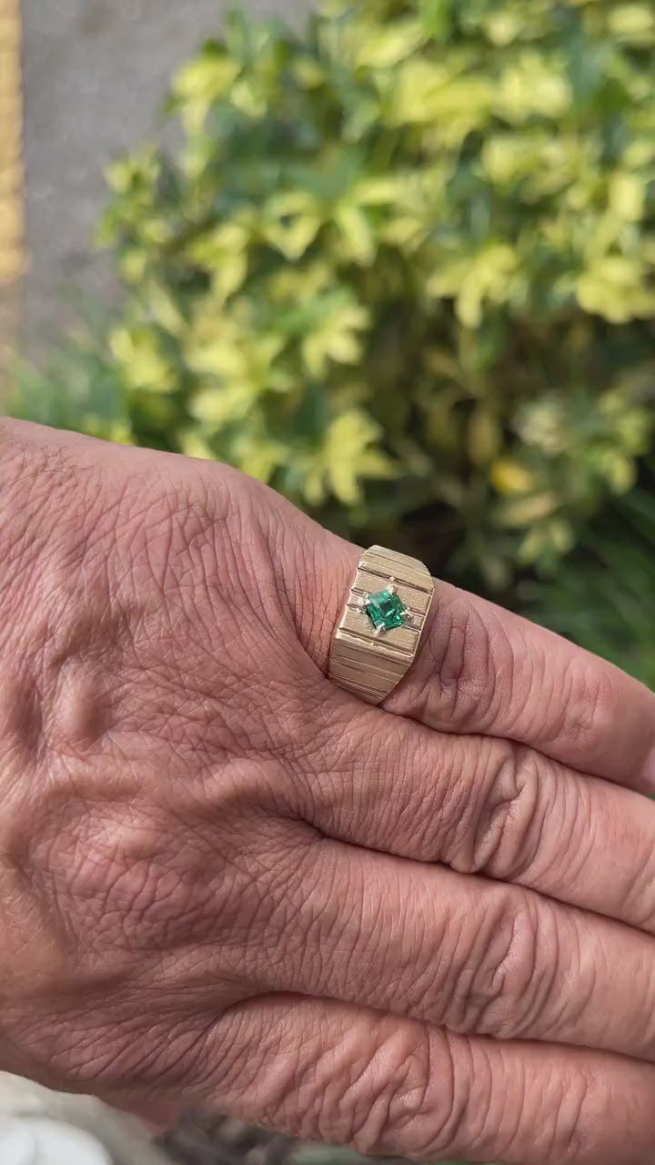 Menâs 14K Emerald Cut Pinky Ring Featuring a 0.60ct Rich Green Solitaire