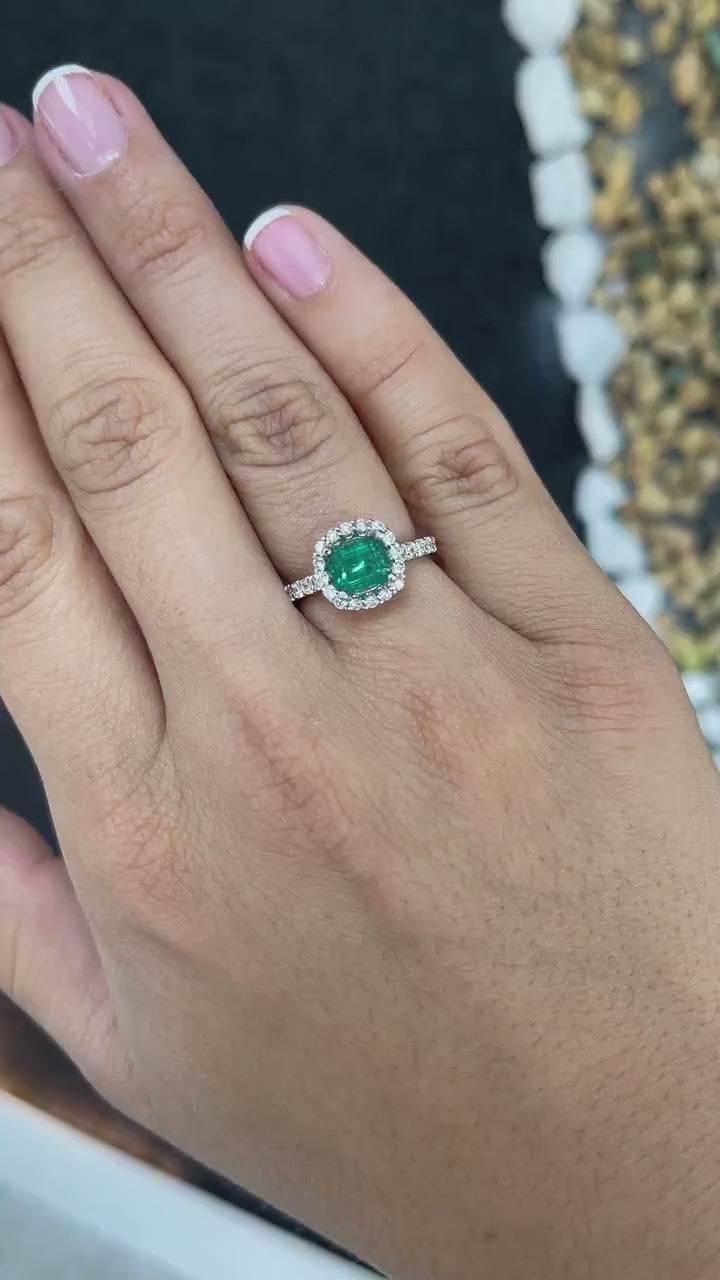 2.50tcw 14K White Gold East to West Emerald & Diamond Halo Shank Engagement Ring