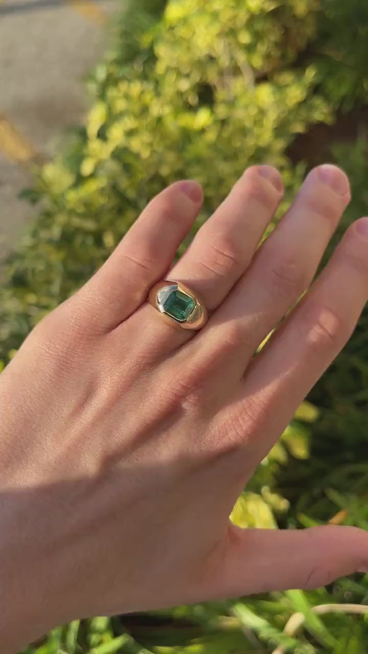3.29ct 14K Asscher Cut Wide Emerald Solitaire Gypsy Signet Men's Ring