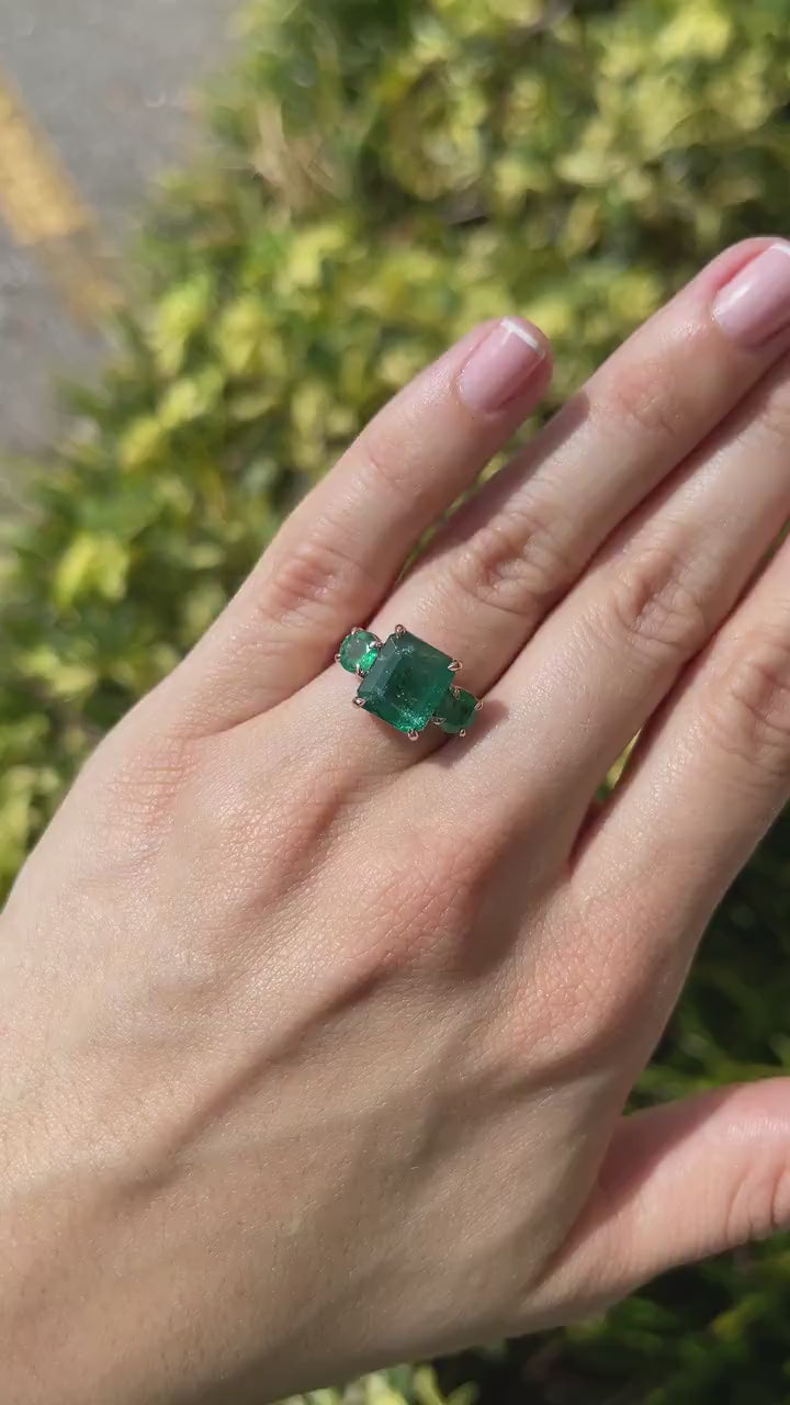 6.98tcw Emerald Trilogy Engagement Ring in 14K Rose Gold