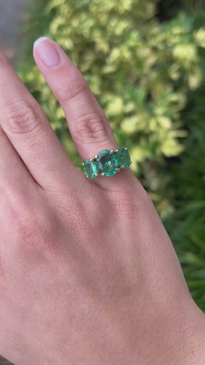 Stunning 4.86tcw Emerald Oval Three Stone Ring in 14K Gold | Perfect for 25 Years of Love