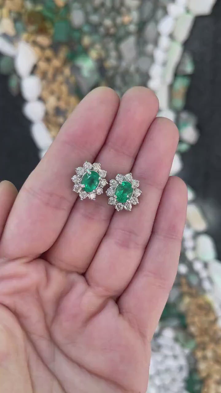 Rich Green Oval Emerald Studs Surrounded by Brilliant Round Diamonds in 14K Gold