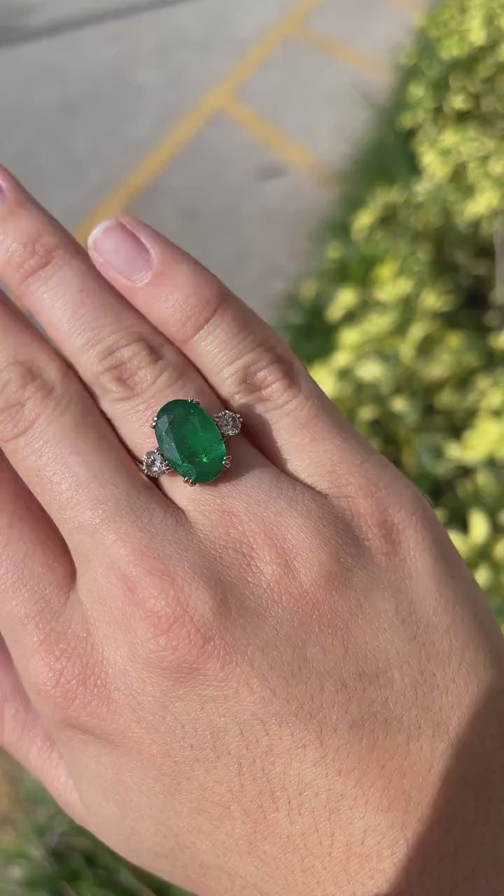 8.39tcw 14K Dark Green Oval Emerald & Round Diamond 3 Stone Double Prong Engagement Ring