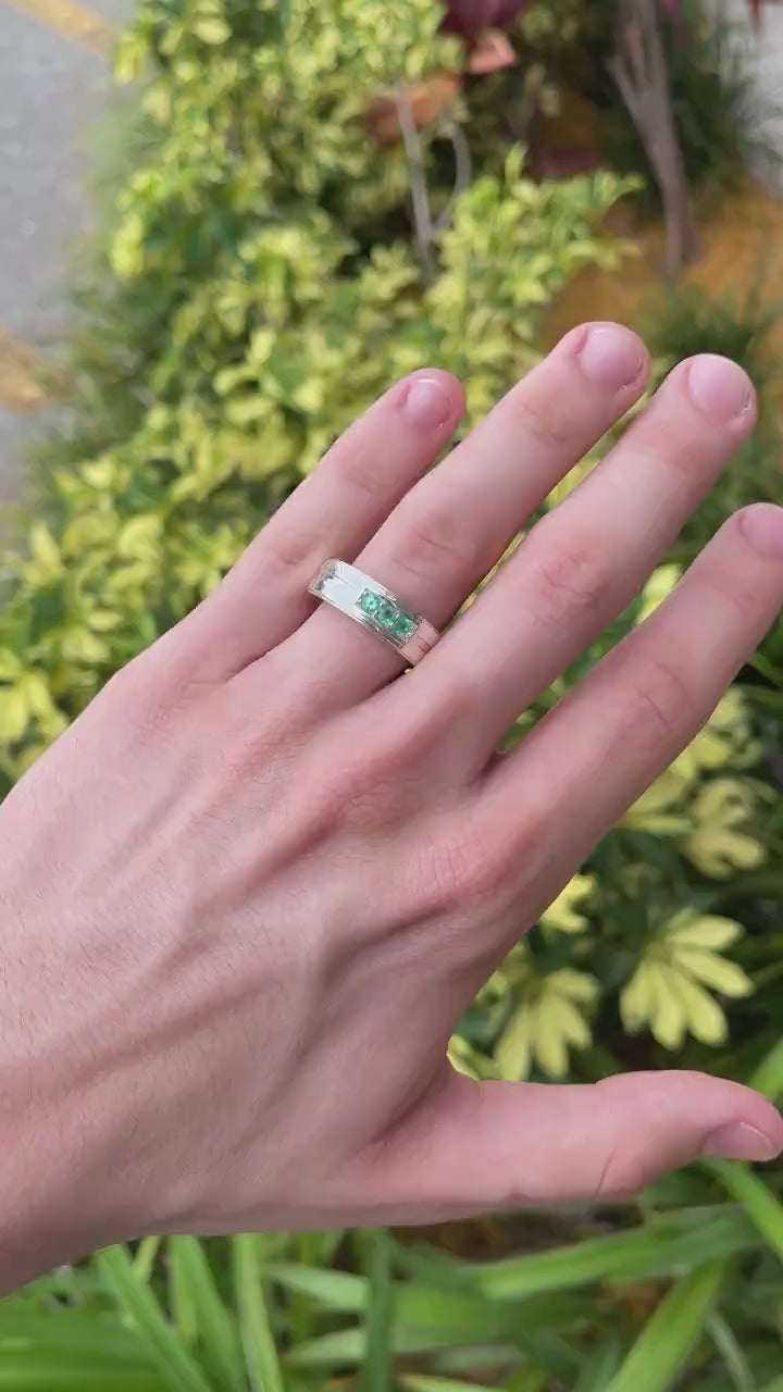 0.40tcw 925 Colombian Emerald-Round Cut Three Stone Sterling Silver Ring