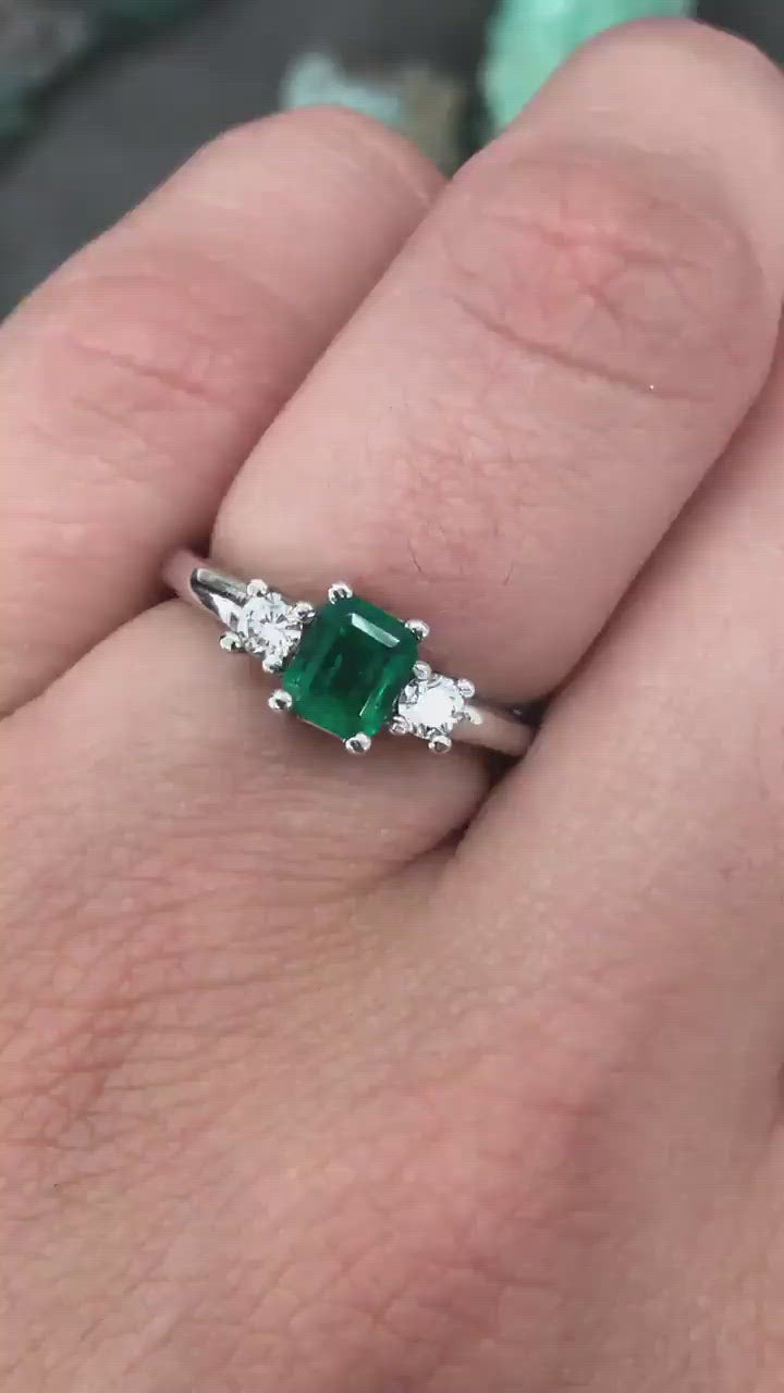 Radiant 14K Gold Ring with 1.40tcw Dark Green Emerald Cut Emerald & Diamond Three Stone - Timeless Charm