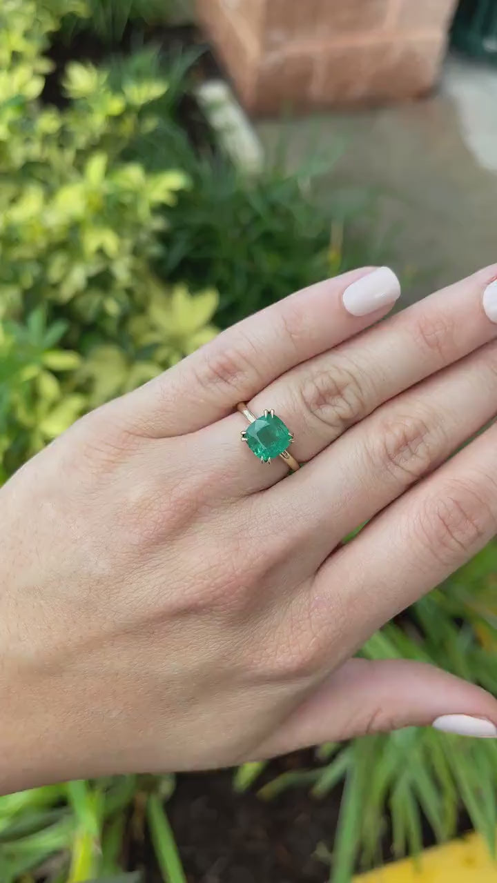 3.65ct 14K Solitaire Medium Dark Green 4 Double Claw Prong Set Cushion Cut Emerald Engagement Ring