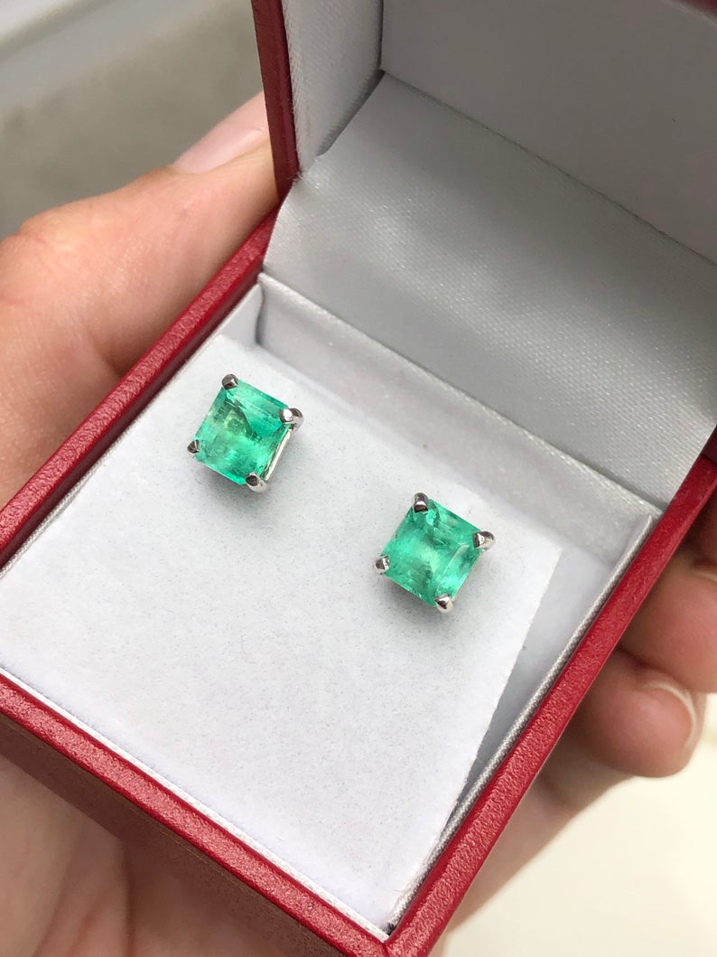 Cut Emerald Earrings Studs White Gold Floral-Inspired 14K