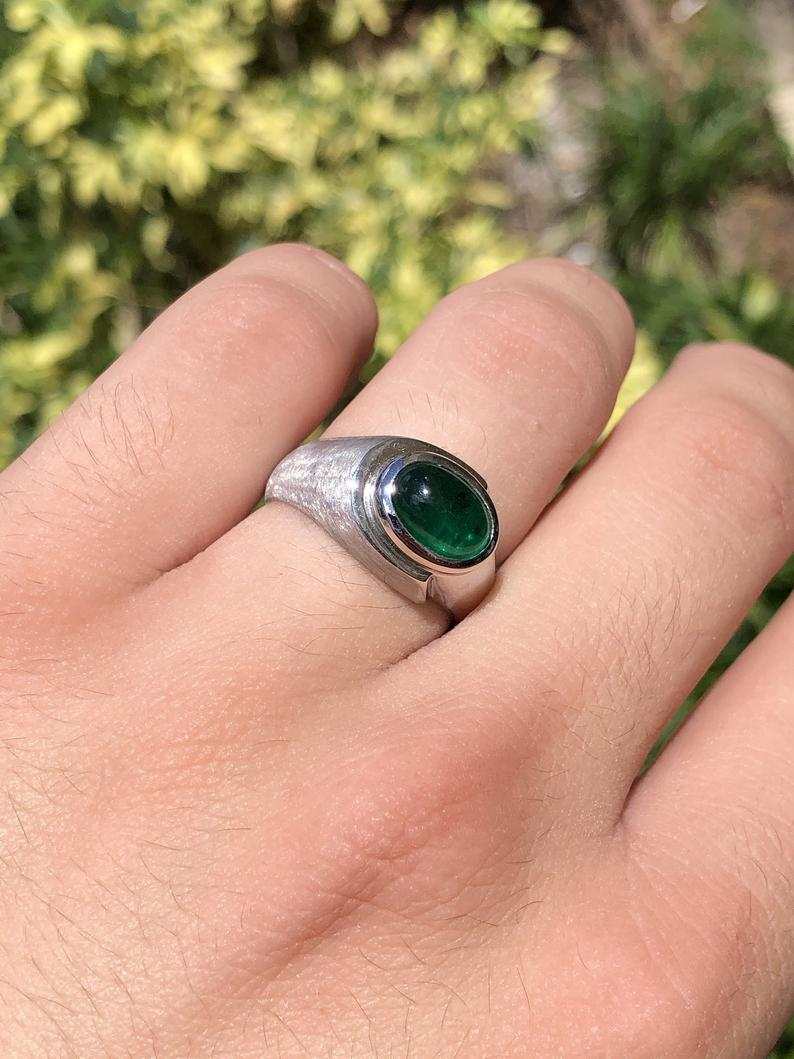 1.70 Carat Dark Top Green Emerald Cabochon Mens Ring 14K