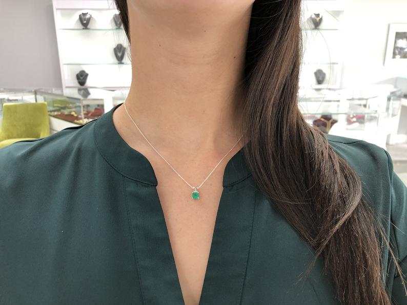 Asscher Emerald 0.90 Carat Carved Scroll Solitaire Pendant 18" Chain Solid Gold 14K