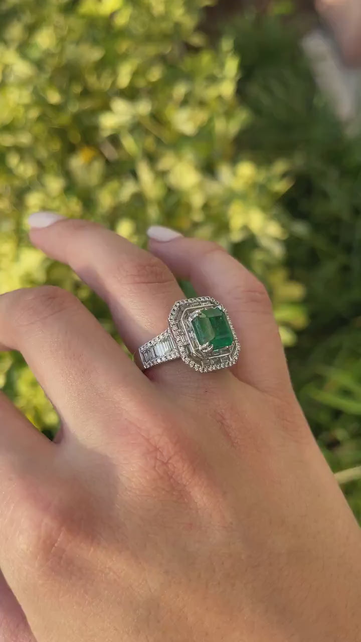 7.39tcw 18K White Gold Emerald & Diamond Halo Statement Triple Diamond Halo Anniversary Ring