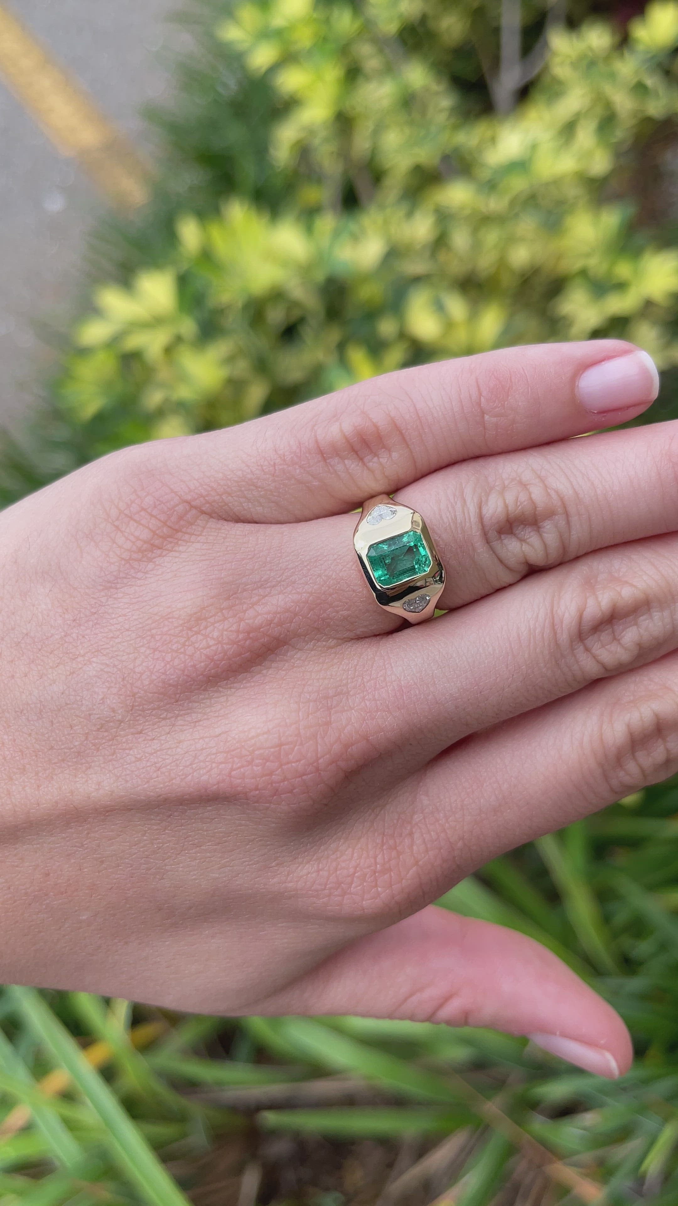 2.15tcw Three Stone Colombian Emerald & Heart Diamond Gypsy Ring 14K