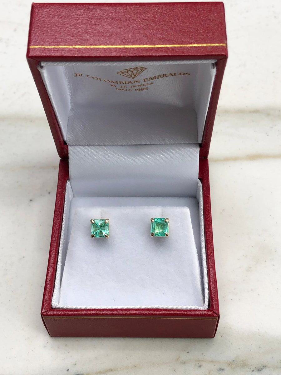 Classic Four prong 1 carat asscher cut emerald earrings in hand made 14K gold