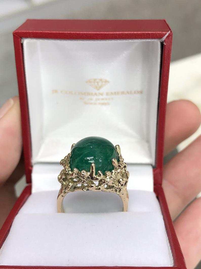 11.90 Carat Large Dark Green Muzo Colombian Emerald Cabochon Nugget Ring 14K