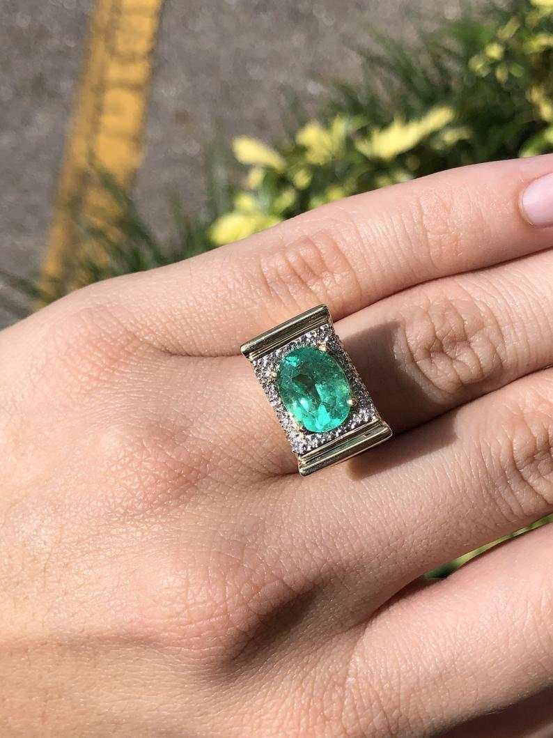 6.08tcw 14K East to West Statement Size Large Oval Emerald & Diamond Cluster Retro Antique Ring
