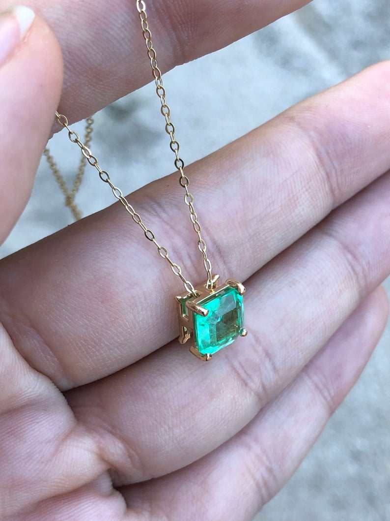 2.50 Carat Solitaire Square Colombian Emerald Slider Necklace 14K