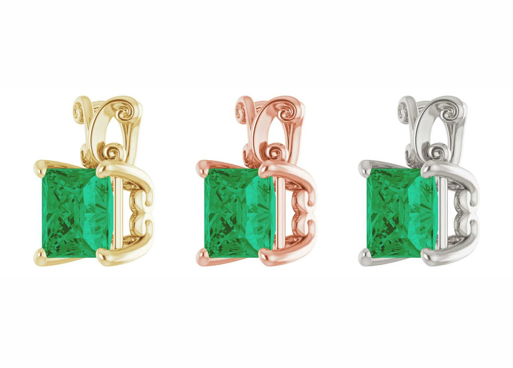 0.90 Carat Asscher Emerald Carved Scroll Solitaire Pendant Chain Gold 14K