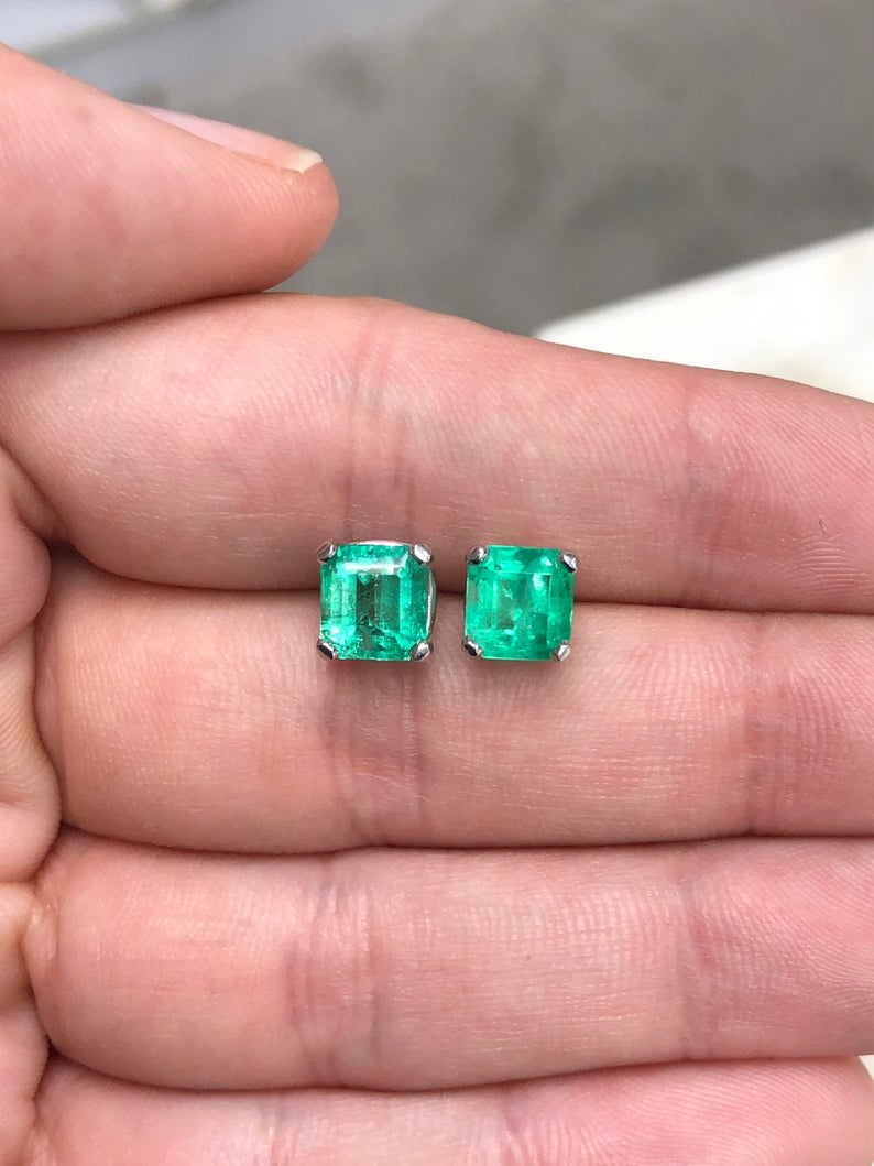 Asscher Cut Emerald Stud Earrings 14K White Gold