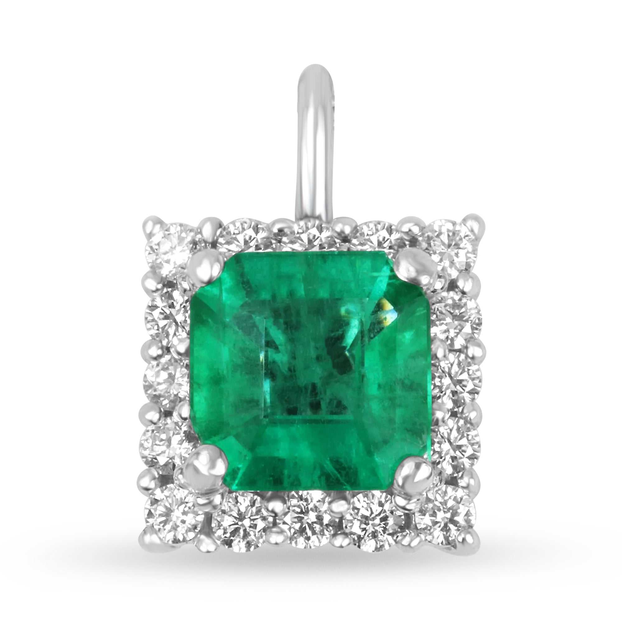 1.50tcw Deep Green Square Emerald & Round Diamond Halo Necklace 14K - JR Colombian Emeralds