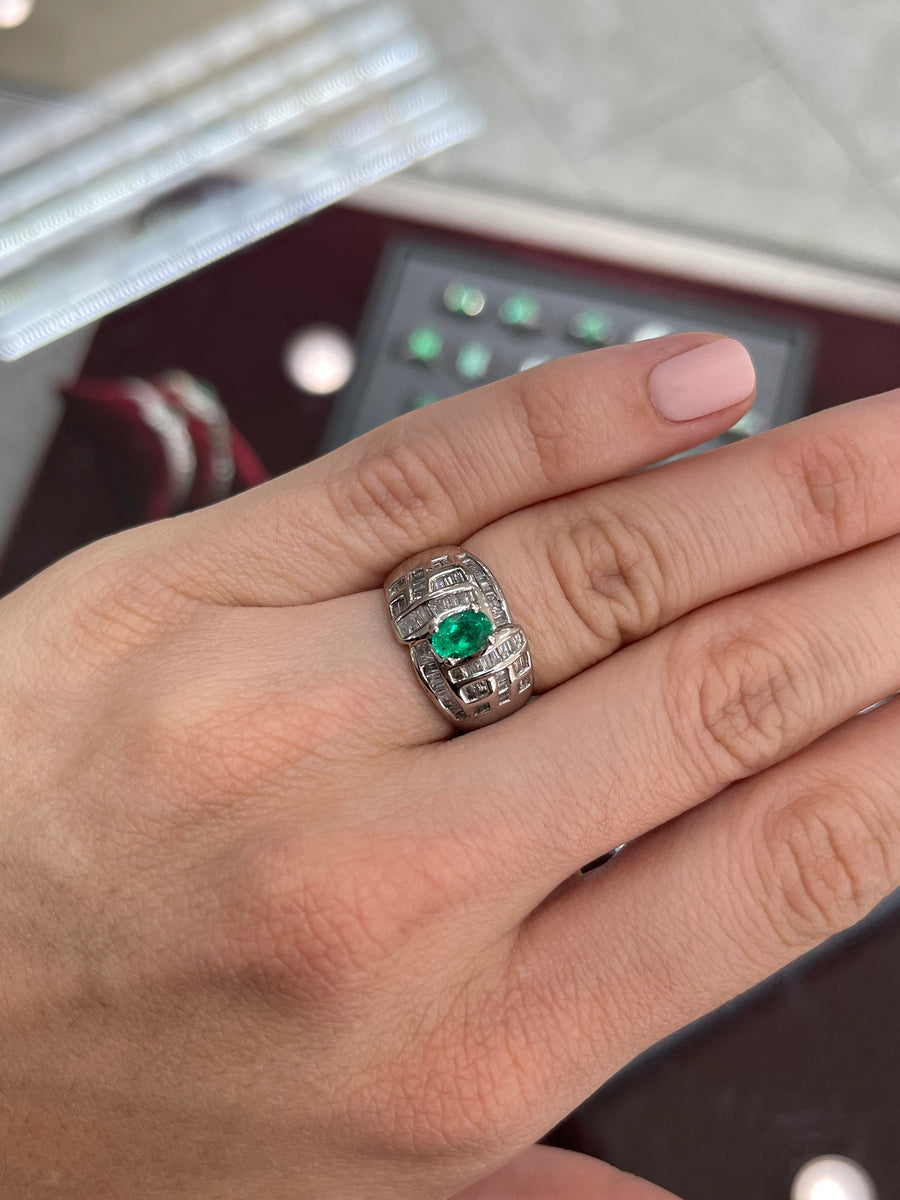 1.0tcw 18K Colombian Emerald-Oval Cut & Diamond Baguette Cocktail Ring