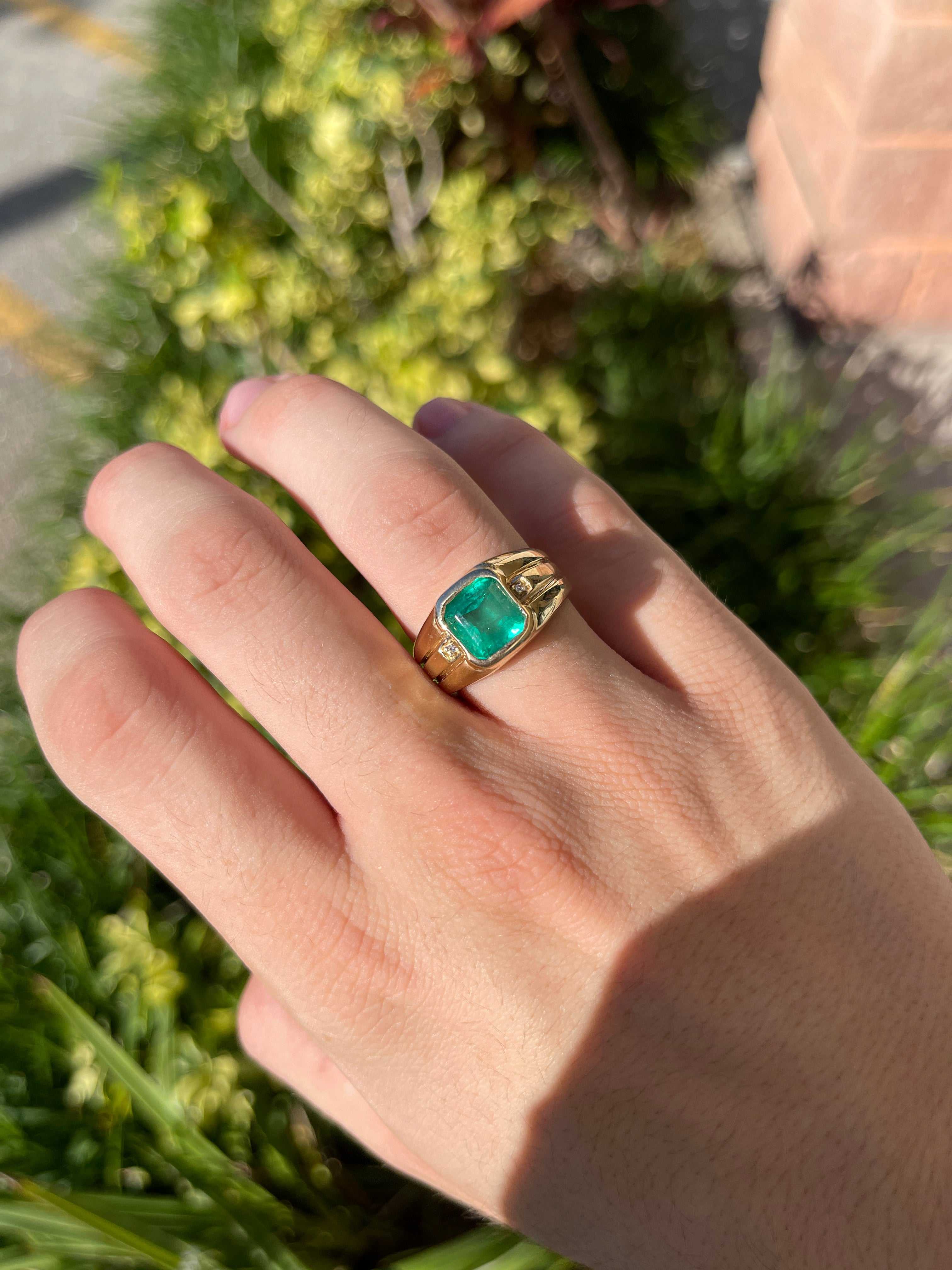 3.56tcw Mens Emerald & Diamond Accent Ring Yellow Gold 14K