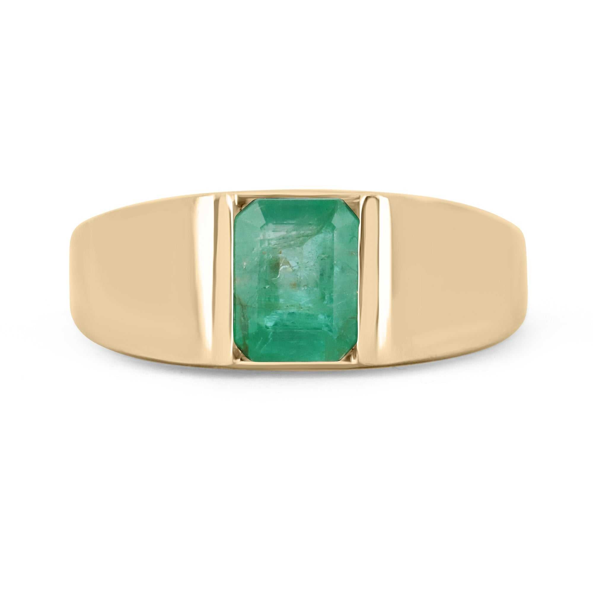 1.80 Carat Emerald Mens Bezel Set North to South Ring 14K - JR Colombian Emeralds